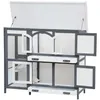 An open, multi-level wooden hutch for small animals, such as rabbits or guinea pigs, is shown from the front with its doors and roof open. Produktbild-Vorschau