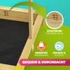 Close-up view of a wooden sandbox with a black base, featuring marketing graphics and text highlighting features. Produktbild-Vorschau