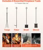 Four fireplace tools are displayed with labels, and below are four images showing their use. Podgląd zdjęcia produktu
