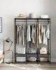 A bedroom scene with a clothing rack.