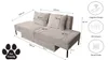 A diagram of a sofa with dimensions and feature callouts. Produktbild-Vorschau