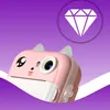 A pink cat-shaped instant camera with a diamond icon in the upper right corner against a purple and white background. Anteprima dell’immagine prodotto