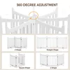 A collage showing a white wooden dog gate in various configurations and demonstrating its 360-degree adjustability. Podgląd zdjęcia produktu