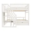 A white bunk bed with stairs and storage drawers, shown from the side against a white background. Náhled obrázku produktu