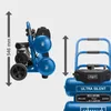 Two views of a blue air compressor are shown against a white background. One view is a side profile of the compressor, and the other is a front-facing view. Anteprima dell’immagine prodotto