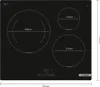 A top-down view of a black induction cooktop with dimensions indicated. Voir les images du produit