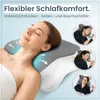A woman is lying on her side, resting her head on an ergonomic pillow. There are smaller inset images showing different sleeping positions. Produktbild-Vorschau
