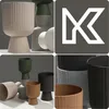 A collage of images showing various ribbed planters in different colors and sizes, along with a stylized 'K' logo. Podgląd zdjęcia produktu