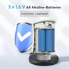 A cutaway view of a device showing its internal battery compartment, with a shield icon and text highlighting features. Produktbild-Vorschau