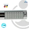 A close-up of a chrome shower head with multiple small nozzles, accompanied by a small group of colored gaskets and a logo. Produktbild-Vorschau
