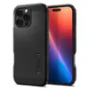 A black Spigen Tough Armor case for an iPhone 16 Pro is shown next to the phone. Produktbild-Vorschau