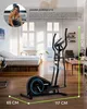 An elliptical trainer is shown in a bedroom setting, with a person in the upper left corner. Dimensions are indicated. Produktbild-Vorschau