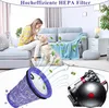 A woman and a dog are relaxing on a couch, with animated leaves floating around them. Below, a vacuum cleaner filter and a vacuum cleaner are shown with arrows indicating airflow. Produktbild-Vorschau