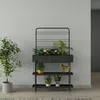 A black metal plant stand with multiple shelves and a planter box, filled with various plants, is placed against a light gray wall. Podgląd zdjęcia produktu