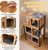 A multi-level cat tree with enclosed cubbies and platforms, featuring close-up insets highlighting its features. Podgląd zdjęcia produktu