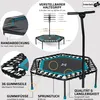 A diagram and close-up shots of a fitness trampoline, highlighting its features. Voir les images du produit