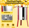 A marketing image showcasing a stainless steel honey extractor with various close-up views and feature icons. Produktbild-Vorschau
