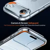 Close-up shots of a transparent phone case with orange accents, highlighting camera and screen protection features. Produktbild-Vorschau