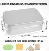 A silver aluminum soap case with dimensions indicated, along with examples of soap bars and mesh bags. Produktbild-Vorschau