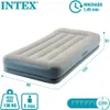 An inflatable mattress with dimensions and features indicated by text and icons. Podgląd zdjęcia produktu