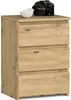A wooden nightstand with three drawers is shown against a white background. A camera and a white bowl are on top of the nightstand. Produktbild-Vorschau