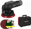 A collage of a cordless orbital sander, a case, and sanding discs. Produktbild-Vorschau