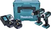 A set of Makita power tools, batteries, charger, and a storage case are displayed against a white background. Podgląd zdjęcia produktu