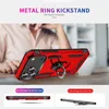 A person's hands are holding a red phone case with a metal ring kickstand. Below are two smaller images showing the case from different angles and highlighting its protective features. Produktbild-Vorschau