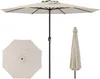 A beige patio umbrella is shown in three different views: fully open, closed, and a top-down view of the canopy. Produktbild-Vorschau