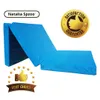 A folded blue mattress on a white background with promotional badges. Podgląd zdjęcia produktu