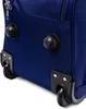 Close-up of the bottom corner of a dark blue duffel bag, showing two wheels and two protective feet. Produktbild-Vorschau