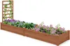 A long, wooden raised garden bed with two sections, filled with purple and pink flowers and a trellis with green vines on one end. Voir les images du produit