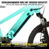 Close-up of an electric bicycle frame with battery and front fork, with marketing text and feature callouts. Produktbild-Vorschau
