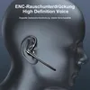 A 3D rendering of a human head profile with a black Bluetooth headset in the ear. Text overlays describe features. Produktbild-Vorschau