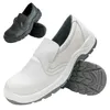 Two pairs of slip-on work shoes, one white and one black, are displayed against a white background. Produktbild-Vorschau
