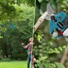 A split image showing a man using a telescopic pole saw in a garden on the left, and a close-up of electric pruning shears on the right. Produktbild-Vorschau