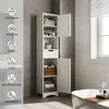 A white bathroom cabinet is shown in a bathroom setting, with its doors open to reveal shelves with towels, toiletries, and a basket. Icons and text indicating product features are displayed on the left side of the image. Produktbild-Vorschau