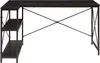A black L-shaped desk with a shelf unit attached to one side, shown against a white background. Náhled obrázku produktu