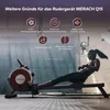A woman is using a rowing machine in a gym-like setting, with feature callouts at the top. Produktbild-Vorschau