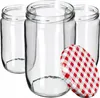 Three clear glass jars are shown with a red and white checkered lid in the foreground. Podgląd zdjęcia produktu