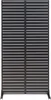 A black metal privacy screen with horizontal slats, standing on two metal feet. Voir les images du produit