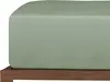 A close-up view of a light green fitted sheet on a wooden bed frame.