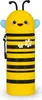 A yellow and black striped pencil case designed to look like a bee, with a smiling face and blue wings. Voir les images du produit