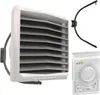 A white industrial heater unit with a black mounting bracket and a white thermostat are shown against a white background. Produktbild-Vorschau
