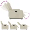 A cream-colored recliner chair with an electric lift assist is shown from the side, demonstrating its reclining and lifting functions with animated arrows. Produktbild-Vorschau