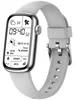 A smartwatch with a gray band and a silver casing is shown against a white background. The watch face displays various health and time-related information. Produktbild-Vorschau