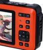 Close-up of the back of an orange digital camera, showing buttons and a screen displaying a young girl. Produktbild-Vorschau