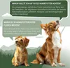 Two dogs sitting in a grassy field with speech bubbles containing text about dog food. Produktbild-Vorschau