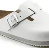 A close-up view of a white Birkenstock clog, focusing on the buckle and strap. Produktbild-Vorschau