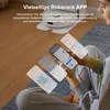 A person is holding a smartphone displaying a robot vacuum app interface, with multiple app screens layered over each other. Produktbild-Vorschau